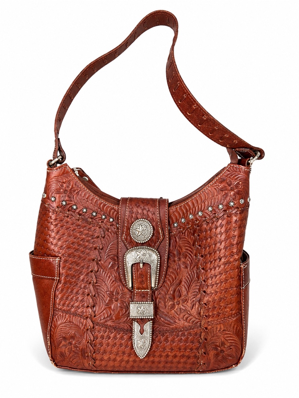 American West Tooled Brown Leather Shoulder Bag with Silver Buckle